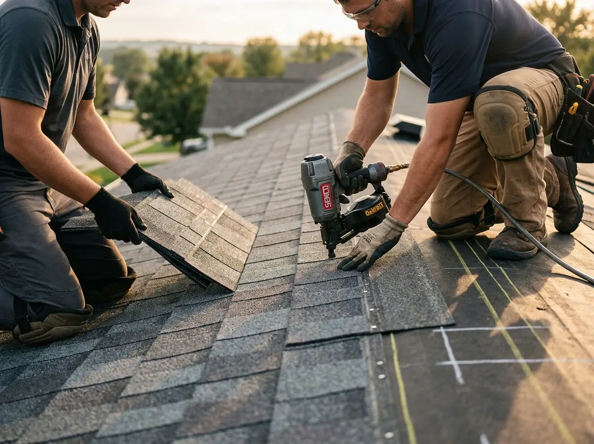 Professional roofer working on a residential roof in Joliet